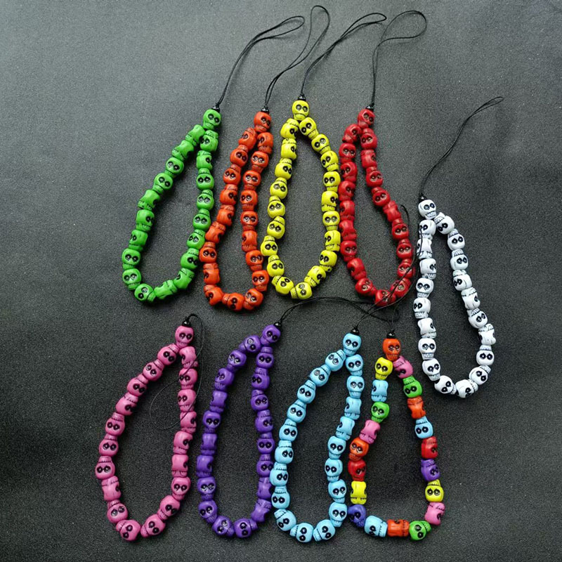European and American Ghost Head Beaded Handmade Mobile Phone Chain Halloween Explosions Color Skull Hanging Hip-hop Mobile Phone Rope Pendant