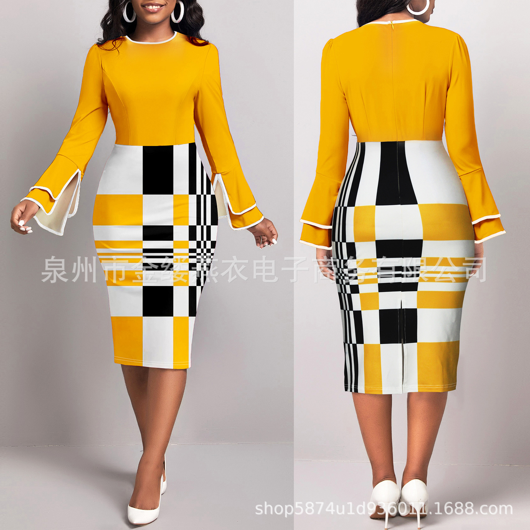 Cross-border Amazon European and American New Spring Light Mature Slim Fit Round Neck Lace Sleeve Plaid plus size Midi Dress