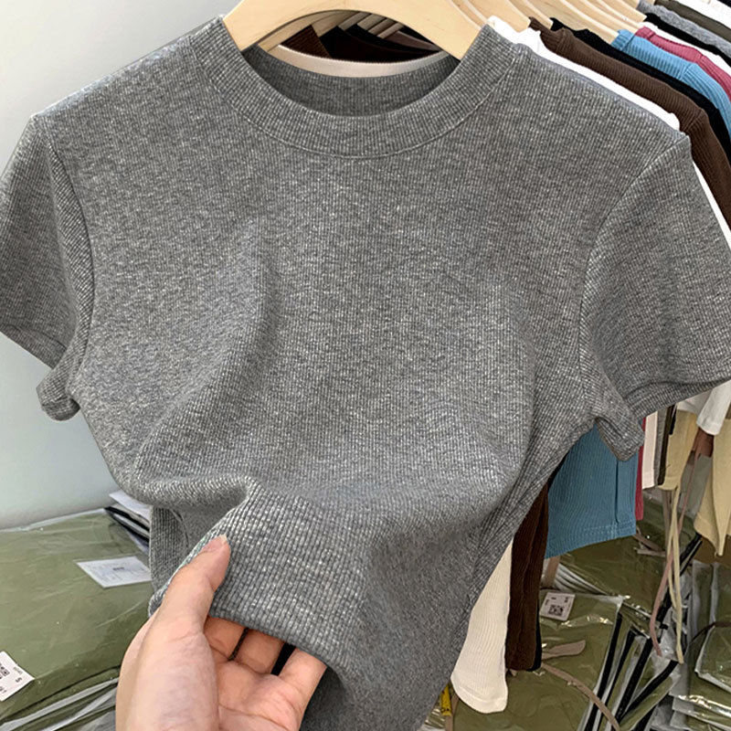 Shoulder White T-Shirt Women's Short-sleeved European 2025 New Inner Base Shirt Stacked Slim-fit Slimming Cotton Top