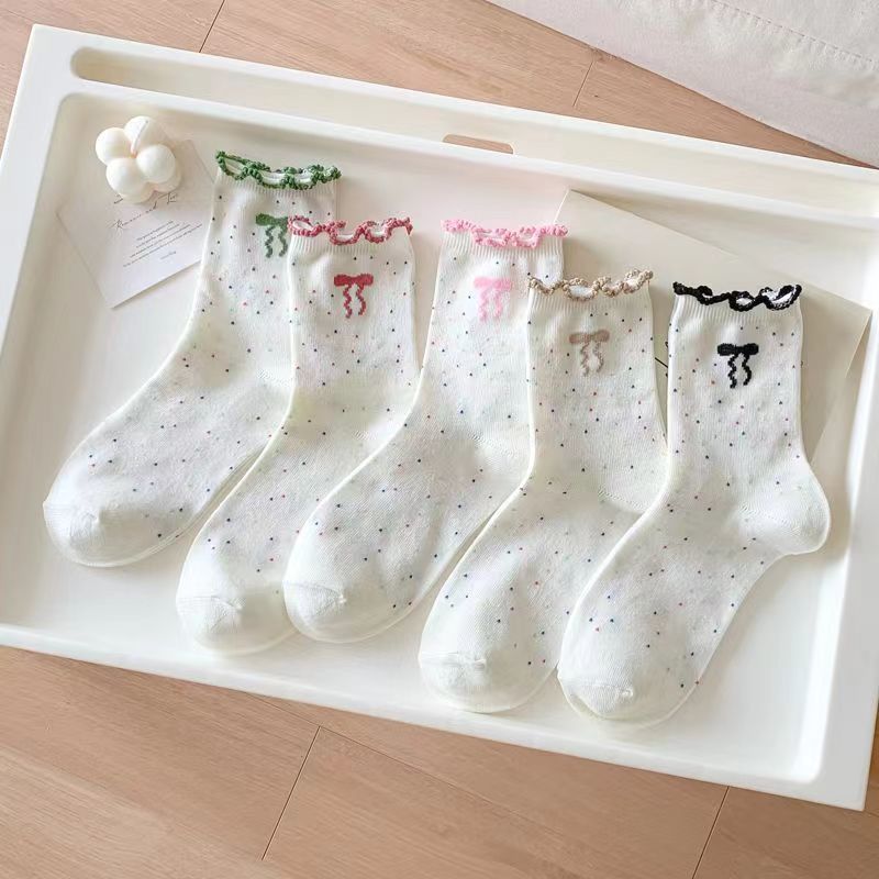 Spring and Summer Lace Women's Mid-Calf Bowknot Ins Long Socks Simple Versatile Fashion Comfortable Student Slouch Socks