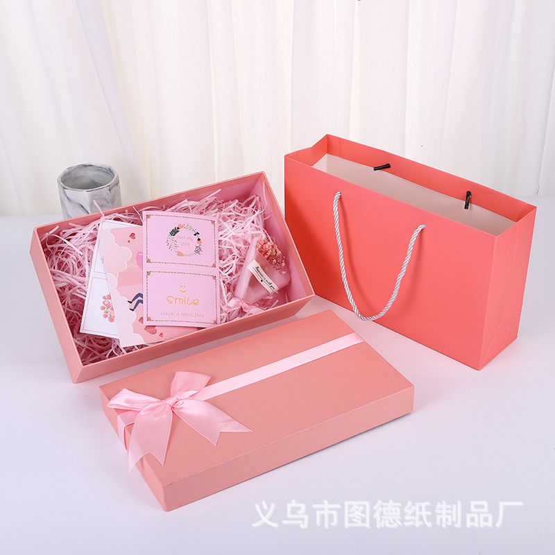 Rectangular Pink Bow Gift Box Birthday Gift Box Cosmetic Packaging Box Wedding Accompanying Gift Box Empty Box