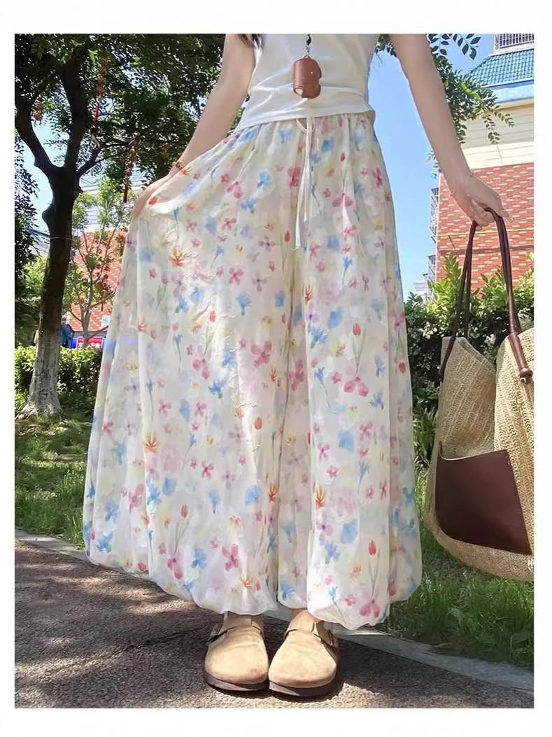 Ice Silk Floral Fluffy Bud Culottes for Women Summer 2025 New Bloomers Loose Casual Wide-Leg Nine-Point Pants