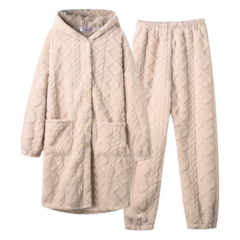Can wear new pajamas female New flannel thickened jacquard coral fleece long suit manufacturers wholesale