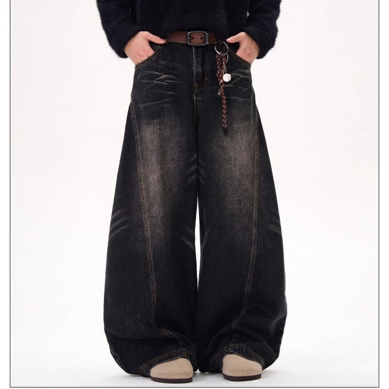 Kisko American Retro Washed Whiskers Black Scimitar Jeans for Men and Women Wide-Leg Loose Draped Distressed Pants