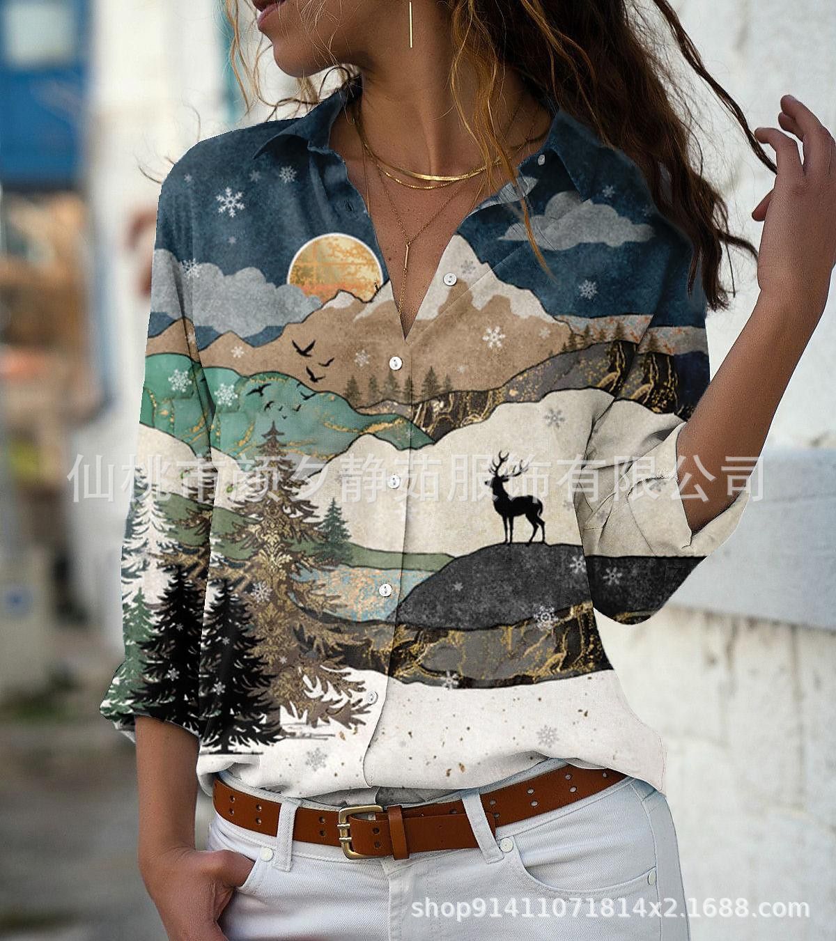 Picture of 2022 New Foreign Trade Women's AliExpress Spring Long Sleeve Shirt Fashion plus size Printed Top