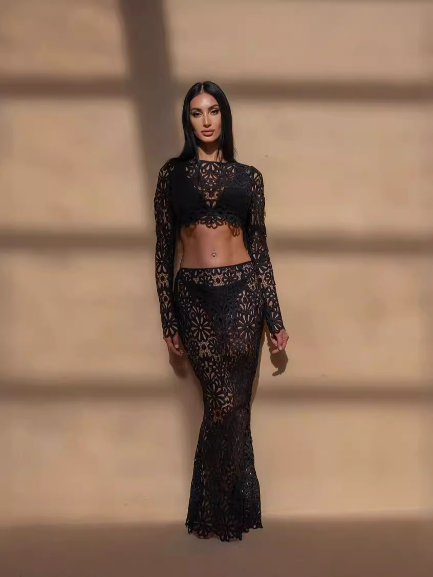 2024 New Cross-border European and American Independent Station European and American Slim-fit Hollow Lace Top Skirt Two-piece Suit Women