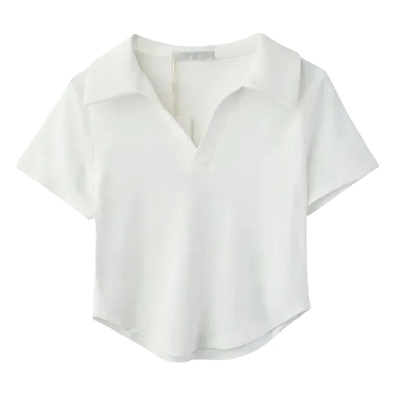 Spice Girls Pure Want White V-neck Short-sleeved T-shirt Summer Solid Color All-match Short Slim-fit Ins Super Popular Polo Collar Top for Women