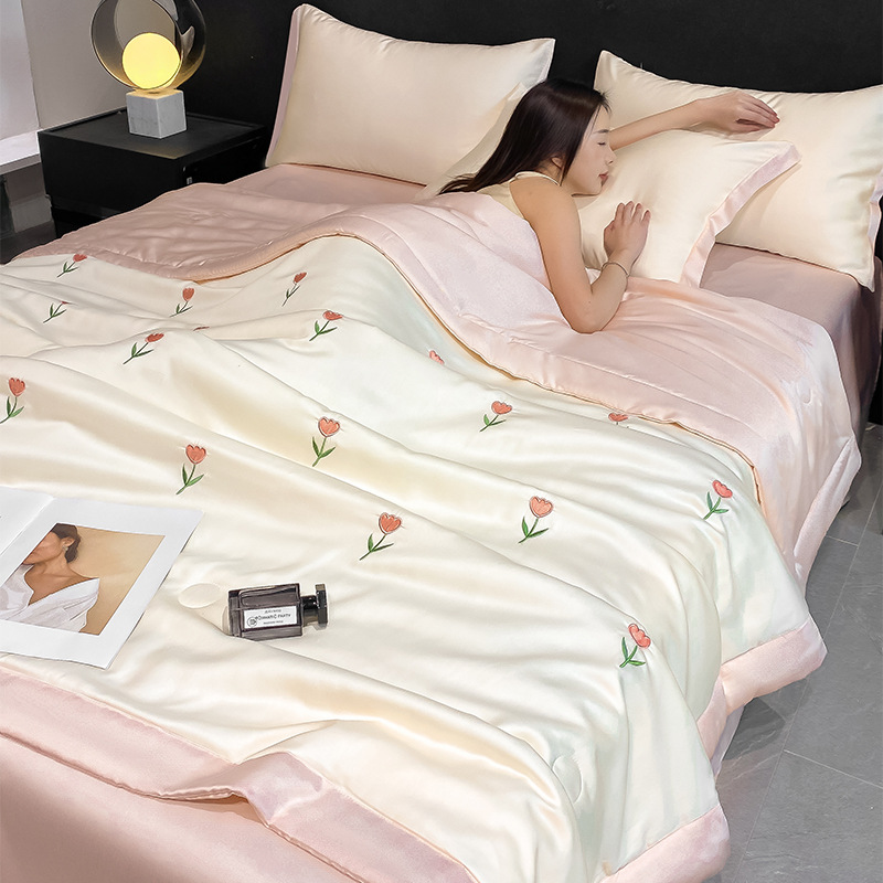 Summer Ice Silk Summer Quilt Four-piece Washed Silk Summer Cool Quilt Air-conditioning Quilt Light Luxury Silk Slide Embroidered Tencel Thin Quilt