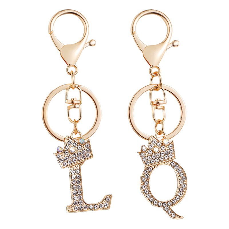 Cross-border new metal diamond 26 English Crown letter keychain key accessories small gift pendant wholesale