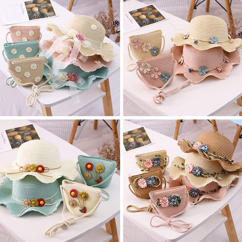 Spring and Summer New Children's Straw Crossbody Bag Hat Straw Hat Baby Girl Coin Purse Fresh Flower Decorative Bag