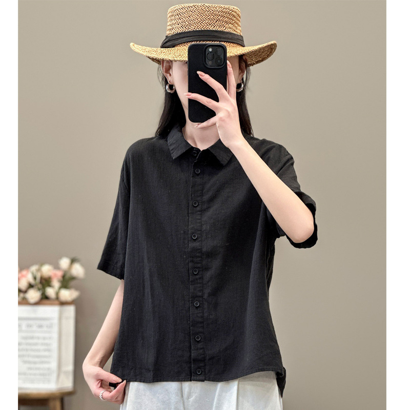 Women's Chinese Style Cotton and Linen Mid-Sleeve Shirt Summer Retro Pure Color Loose Single-Row Multi-Button Cardigan Polo Collar T-Shirt