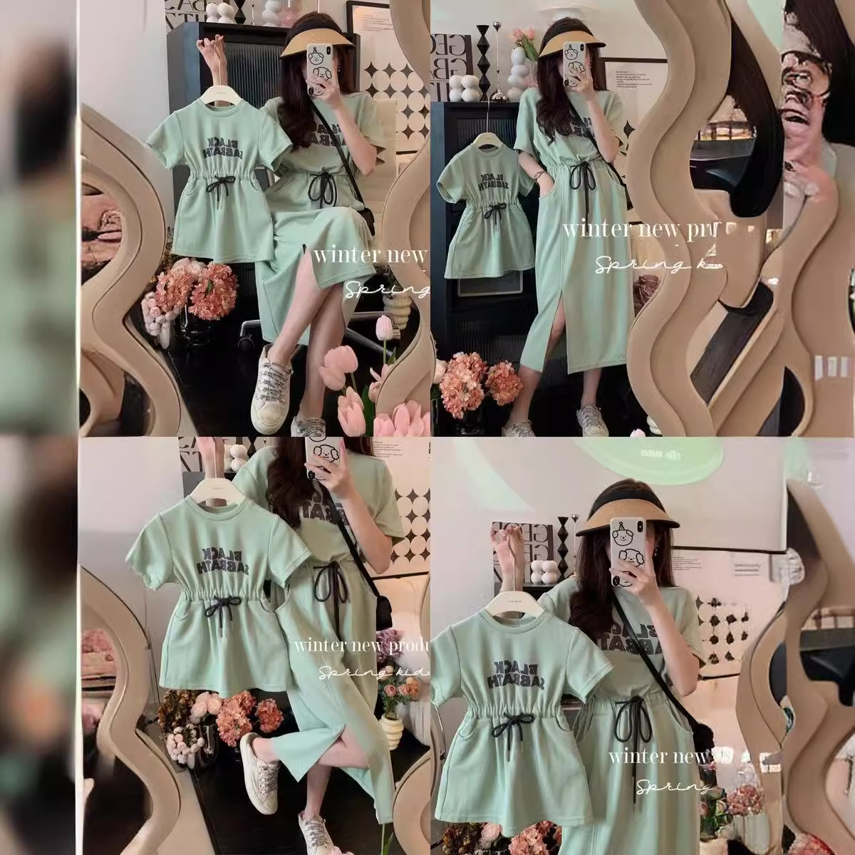 Picture of Parent-child summer dress for a family of three mother and daughter high-end foreign style girls French dress baby mother and child cotton t