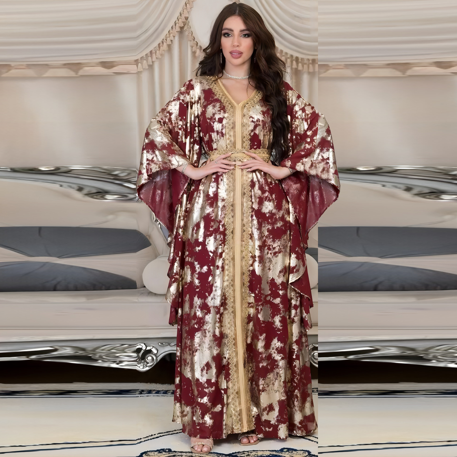 Picture of AB286 cross-border Middle East 2023 spring new Muslim chiffon bronzing robe with belt dress