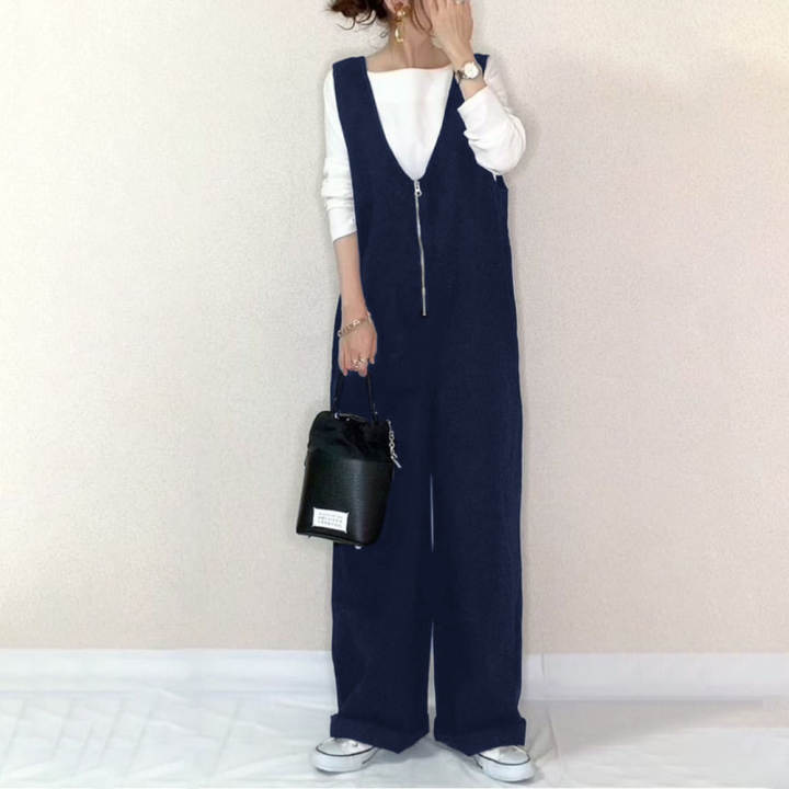 Picture of in stock 3-color Japanese 2024 Summer New Solid Color Zipper Strap Wide Leg Pants Slim-fit Dipping Jumpsuit