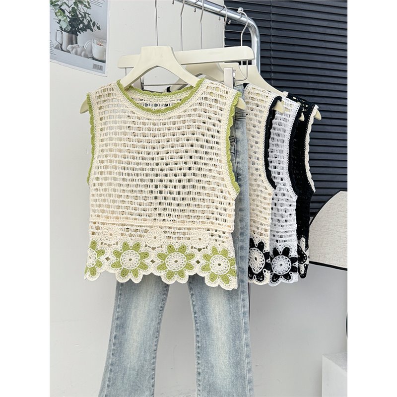 Vacation Style Embroidered Flower Hollow Sleeveless Knitted Vest Women's Summer Fashionable Age-reducing Loose All-match Short Top