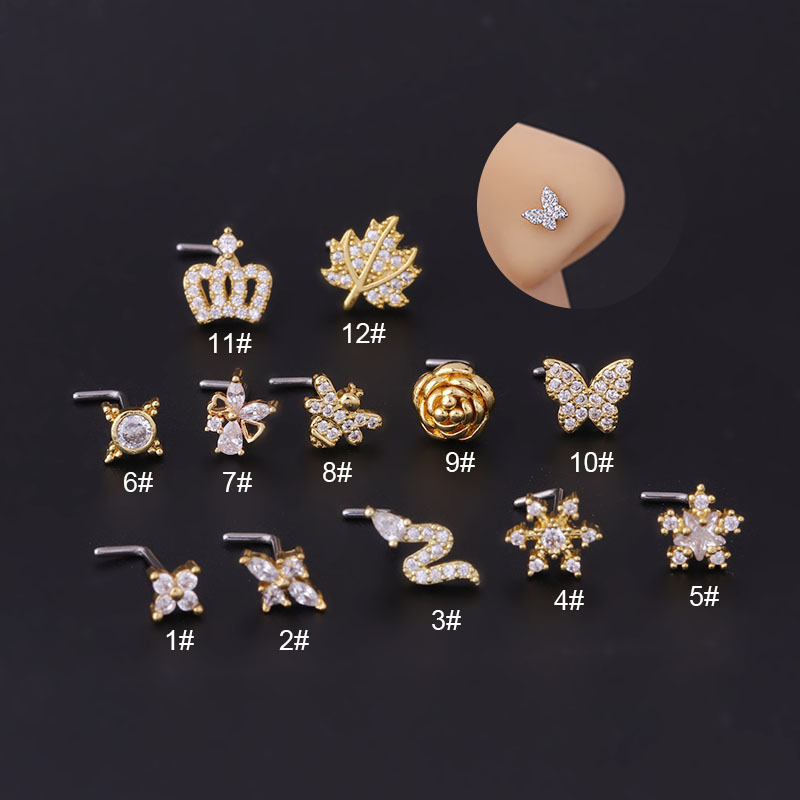 20g titanium steel screw nose nail micro inlaid zircon butterfly crown fashion new popular European and American foreign trade puncture nose