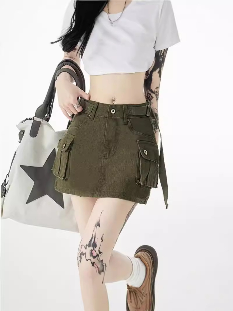 Chic Korean 2024 New Multi-Pocket Workwear Skirt Women's Hot Girl High Waist A- Line Hip Skirt Denim Skirt for Summer