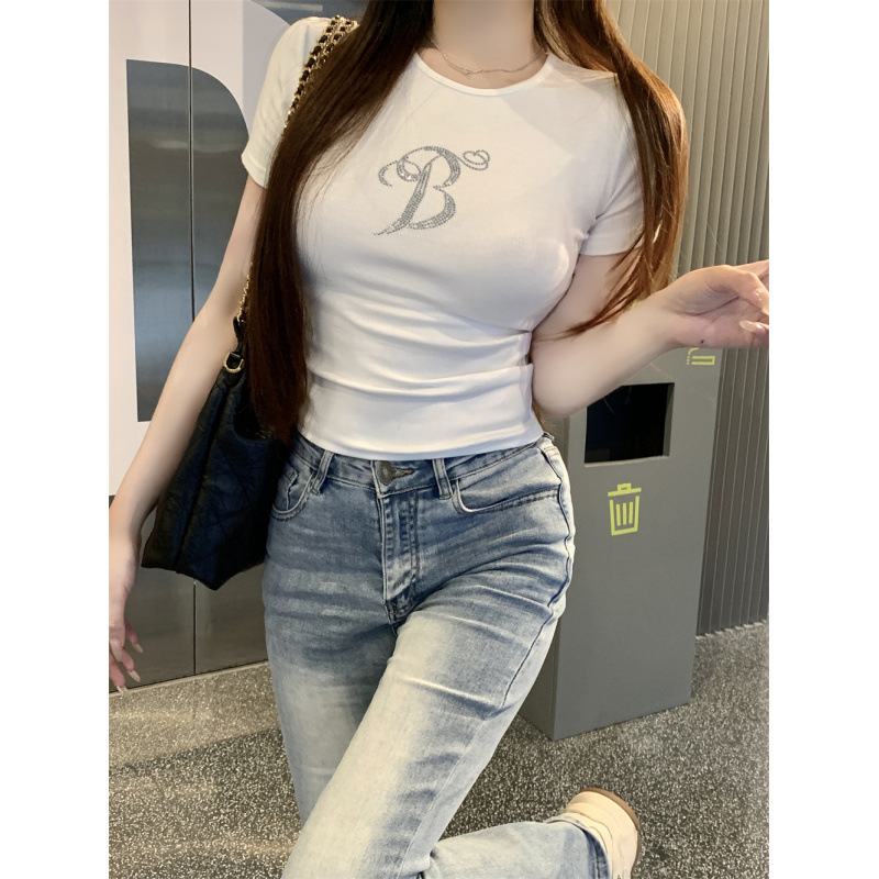 Spice Girls Hot Drilling Tight Waist Slim Round Neck T-shirt 2025 Summer New Pure Desire Fashion Casual All-match Short Sleeve Top