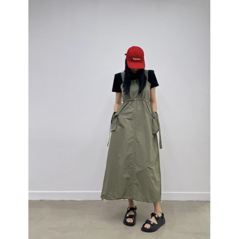 In-Stock Korean Dongdaemun Niche Design Drawstring Tie Waist Large Pocket Strap Dress for Women
