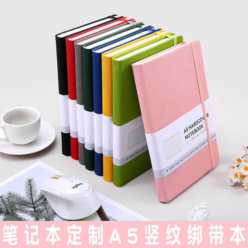 A5 Hand Account Book Small Fresh Vertical Pattern Strap Notebook Simple Business Office High-end Hardcover Custom Notepad