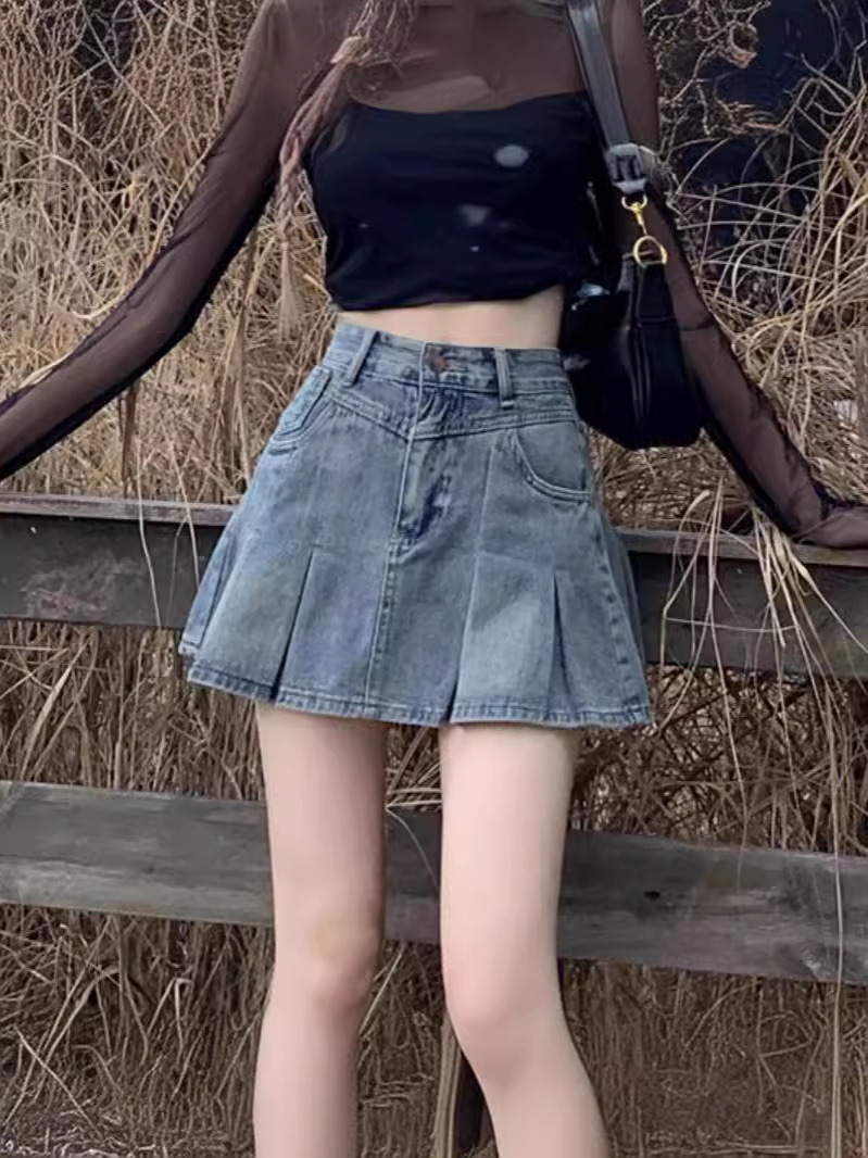 American Retro Denim Skirt Women's Summer 2024 New Pleated Skirt Small High Waist Slim A- line Skirt