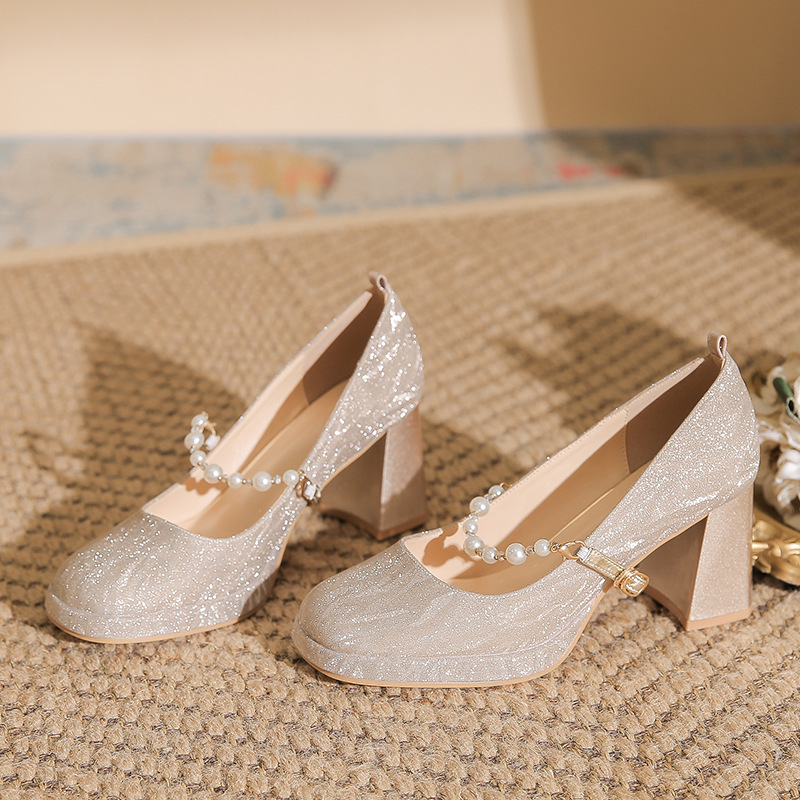 Champagne Color Wedding Shoes Bridal Shoes with Square Toe Thick Heel Waterproof Platform High Heels 2024 Spring & Fall Mary Jane Women's Shoes