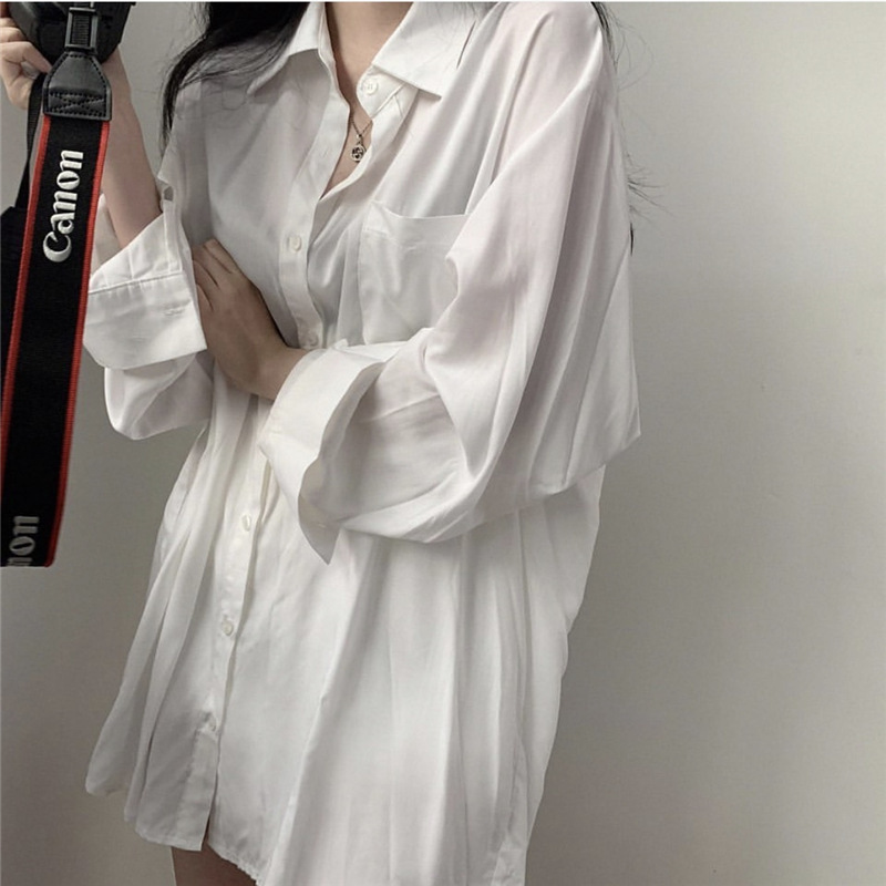 Picture of Korean Style Lazy Style Solid Color Thin Sunscreen Shirt Summer Spring Autumn Mid-length Shirt Jacket Student Long Sleeve Top