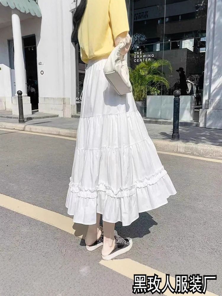 White lace skirt spring and autumn 2025 new Korean version high-waisted sweet style fairy A-line cake mid-length umbrella skirt