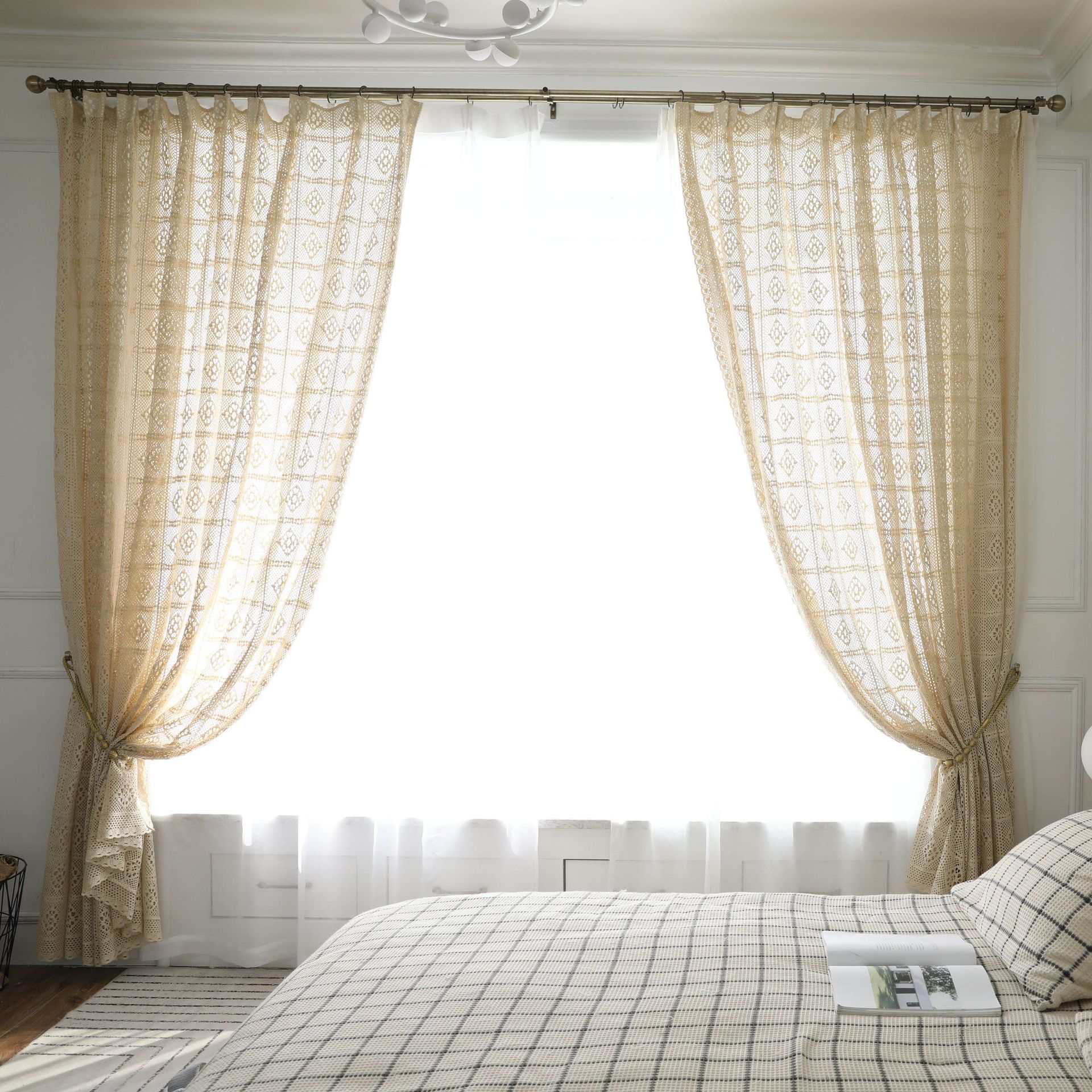 Imanki Rhyme Transparent Retro Hollow Curtain Finished Crochet North American Country Fabric Floor-to-Floor Window Screen Bay Window