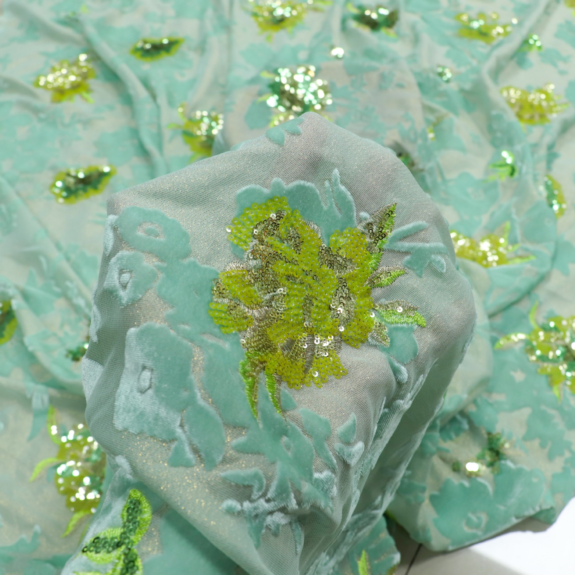 Picture of Teal In-Stock 3D Floral Silk Brocade Sequin Embroidery Georgette Velvet Wedding Dress Performance Clothing Women's Fabric