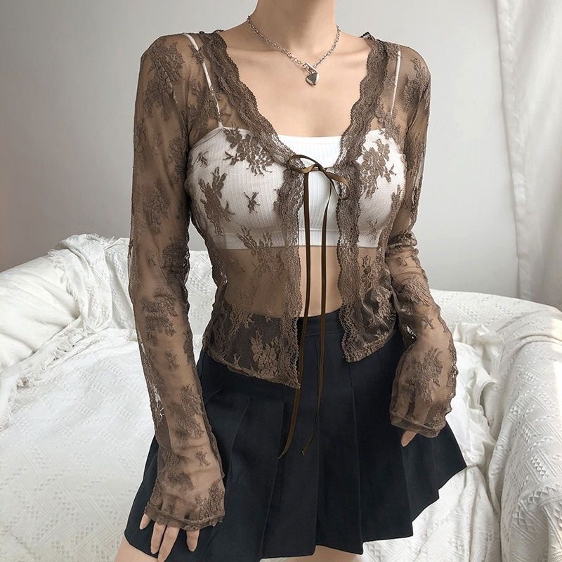 Picture of 2024 Autumn and Winter New Sweet Cool Spice Girl V-neck Lace Shirt American Lace-up Long Sleeve Sunscreen Cardigan See-through Top