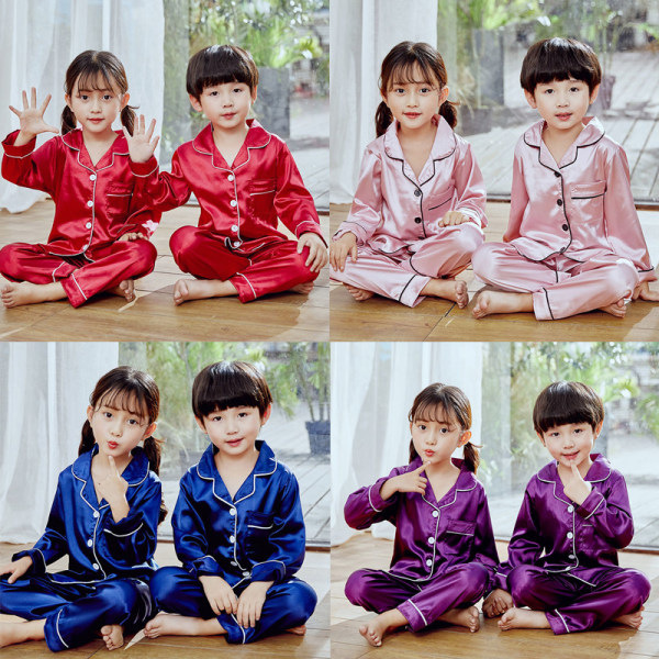 Spring and Summer Children's Pajamas for Boys and Girls Solid Color Silk Cardigan Long Sleeve Trousers Children's Home Clothes suit