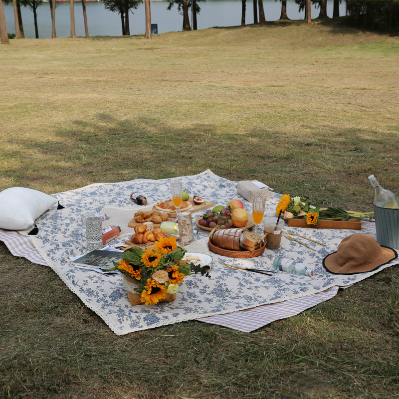 Picture of Vintage Korean ins Style Blue Floral Picnic Cloth Background Cloth Spring Camping Outdoor Outing Moisture-Proof Picnic Mat