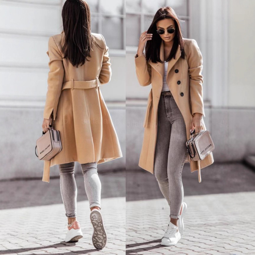 Picture of 2024 autumn and winter Europe and the United States new cross-border women's clothing Amazon woolen cloth coat solid color strap long woolen coat