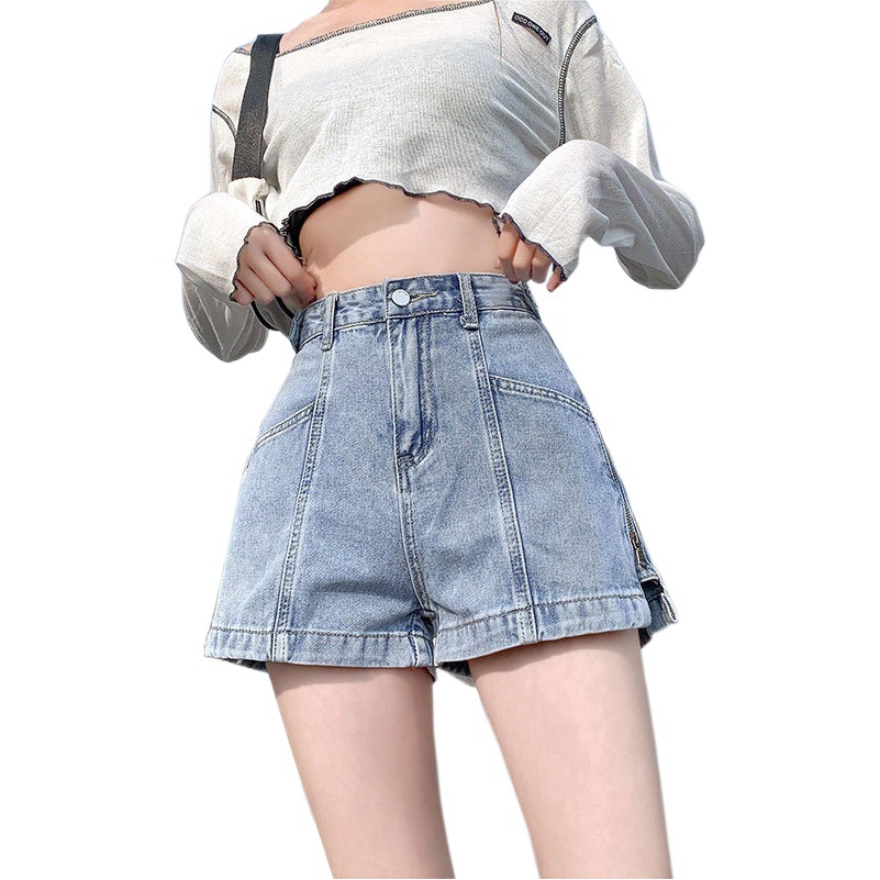 Internet Celebrity Side Zipper Denim Shorts Women's Loose 2023 New Korean Style Wide Leg Pants Slimming Letter Outer Wearing Hot Pants for Summer