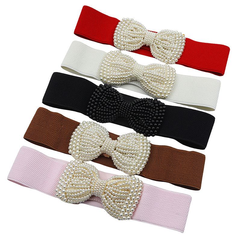 Waist seal women's waist wearing elastic belt fashion Joker decorative pearl large bow accessories wide belt wholesale