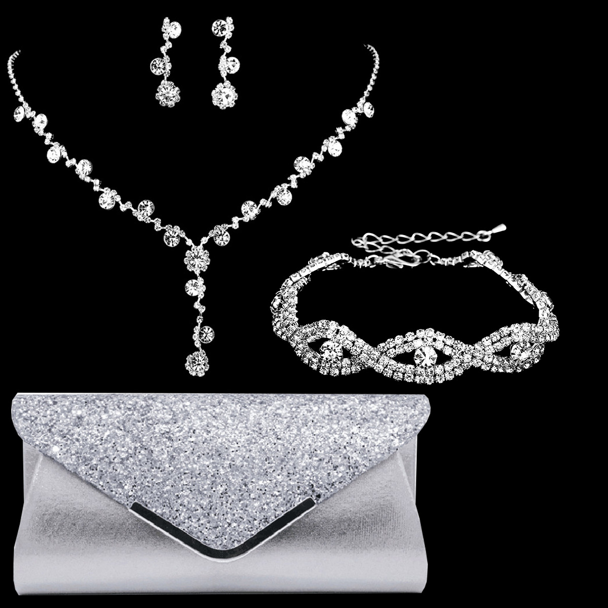 European and American Fashion Copper Flower Rhinestone Necklace Earrings Bracelet Evening Bag Party Jewelry All-match Bride Four-suit