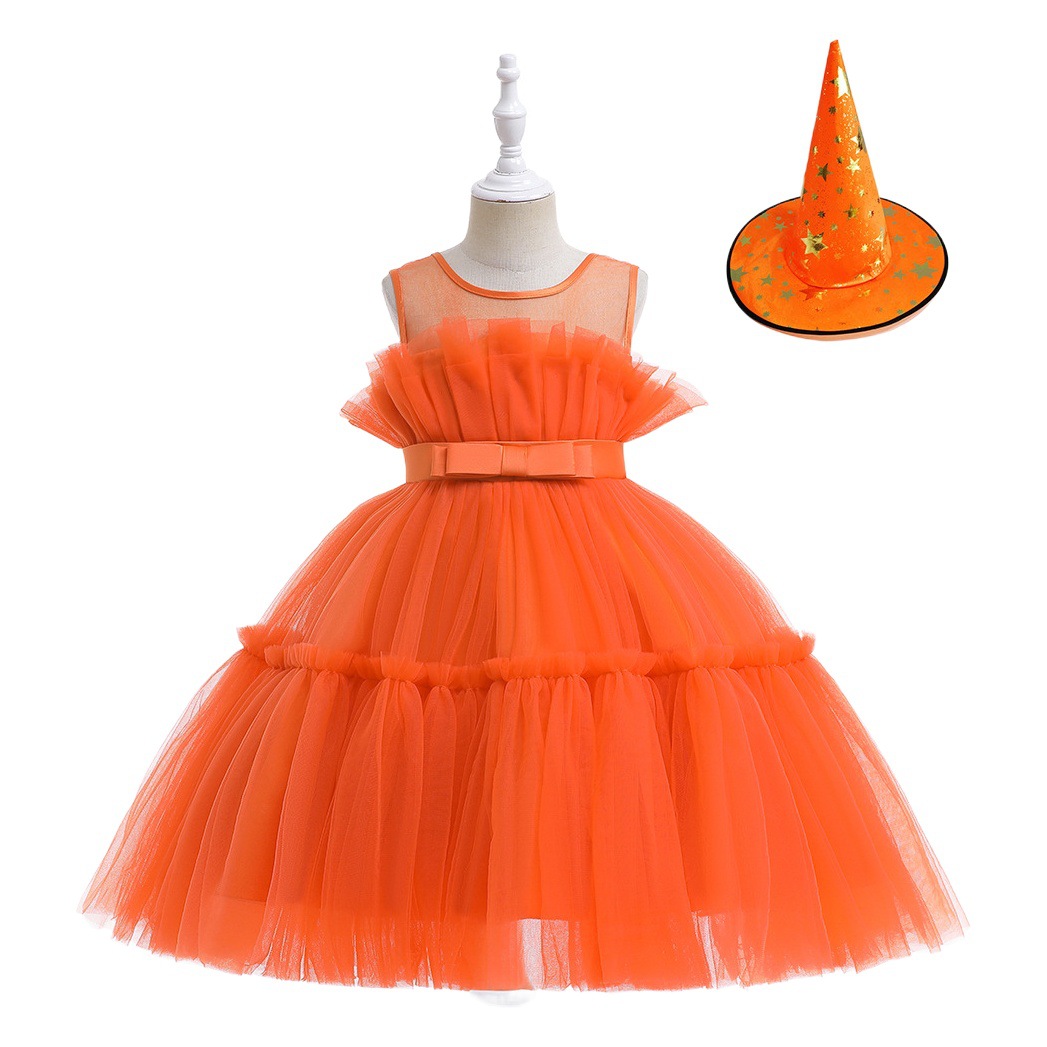 2024 Cross-border New Girls Halloween Performance Dress Mesh Puffy Princess Dress One Year Old Dress