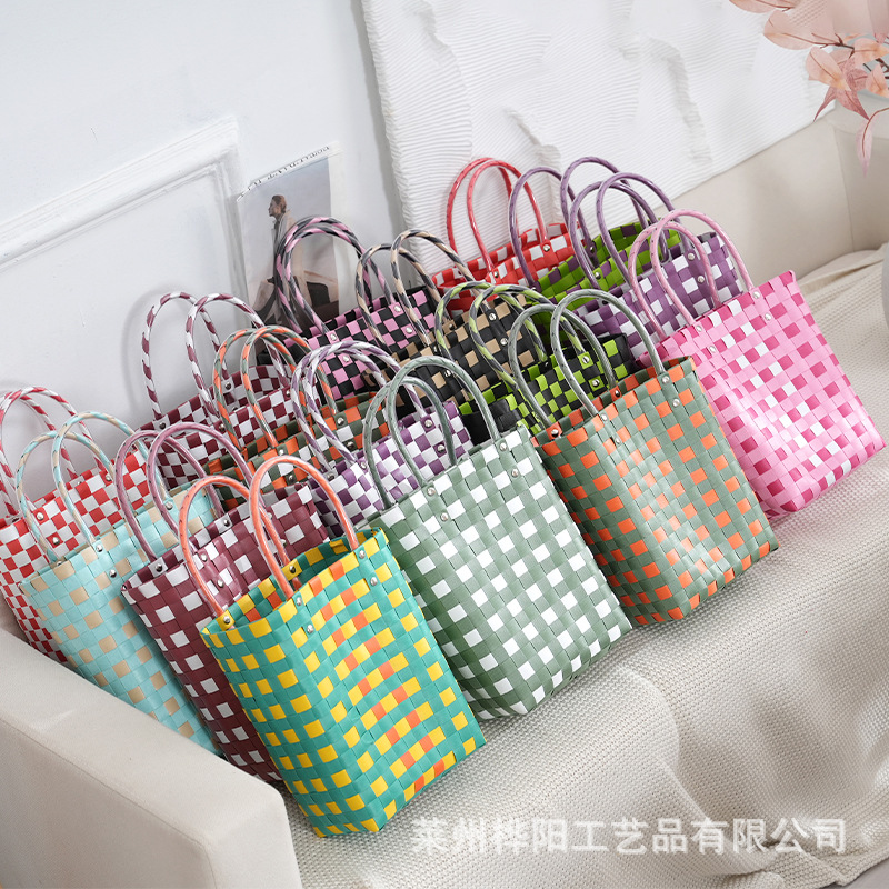 New Plastic Woven Handbag Fashion Simple Stitching Vegetable Basket Creative Contrast Color Plaid Handbag Pastoral Style