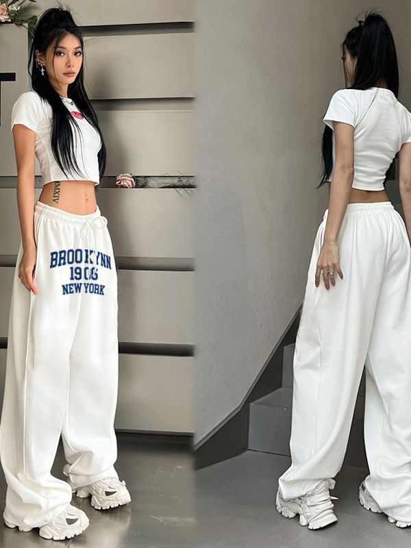 Cross-border White Spring and Autumn New Drawstring Sports Pants High Street Straight Pants Trendy Hip-hop Loose Dosing Jazz Dance Pants