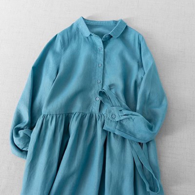 2024 spring new cotton and linen long sleeve dress women's younger doll collar lace-up waist tight solid color simple shirt dress