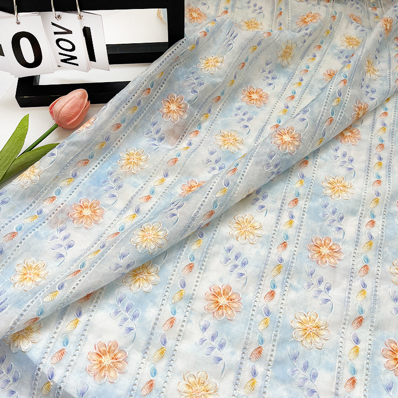 Striped Rainbow Floral Digital Print Embroidery Fabric 1.0m Price New Chinese Style National Hanfu Cheongsam Dress Fabric