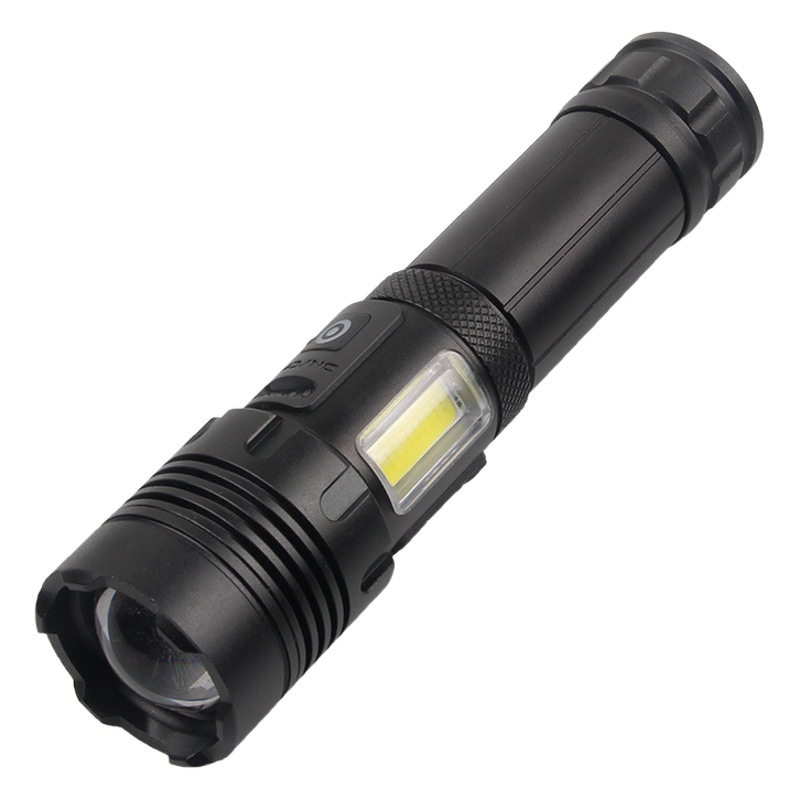Cross-border XHP70 strong light USB charging COB red light side light telescopic zoom output mobile phone charging flashlight