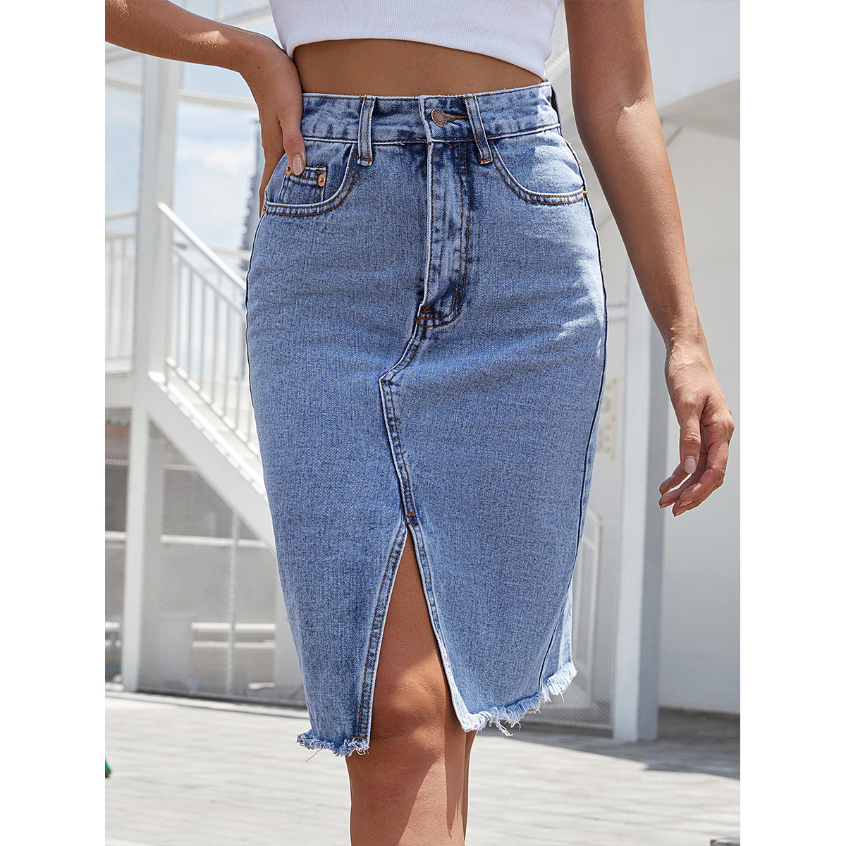 Spot 30933 # Aliexpress Independent Site European and American Simple Denim Skirt Women's Fashionable Hip-Hugging Slit Skirt