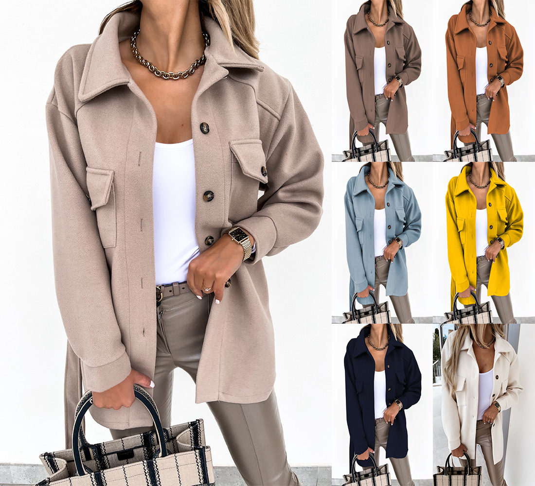 Europe and the United States cross-border autumn and winter lapel single-breasted thick solid color shirt wool loose coat female manufacturers direct supply