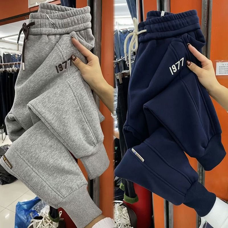 European-style fleece-lined thickened ankle-tied casual pants women's loose high waist slimming versatile ankle-tied harem pants women's drawstring elastic