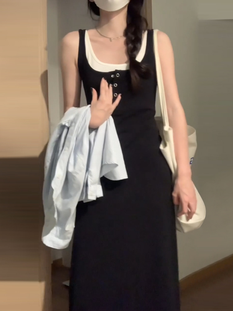 Korean Black Vest Sling dress Children's Summer 2024 New Style Temperament Waist Hip Dress