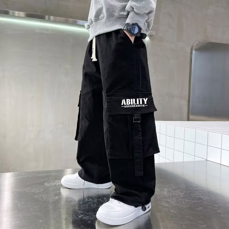 Spring Autumn and Winter Explosions fleece-lined Thickened One-piece Velvet Workwear Long Pants Boys' Children's Trendy Fashion Pants