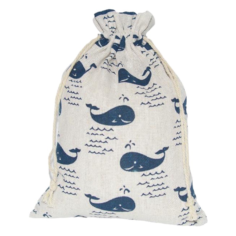 Cotton Drawstring Pouch with Blue Whale Pattern, Jewelry Bag, Cotton-Linen Storage and Organization Bag, Travel Storage