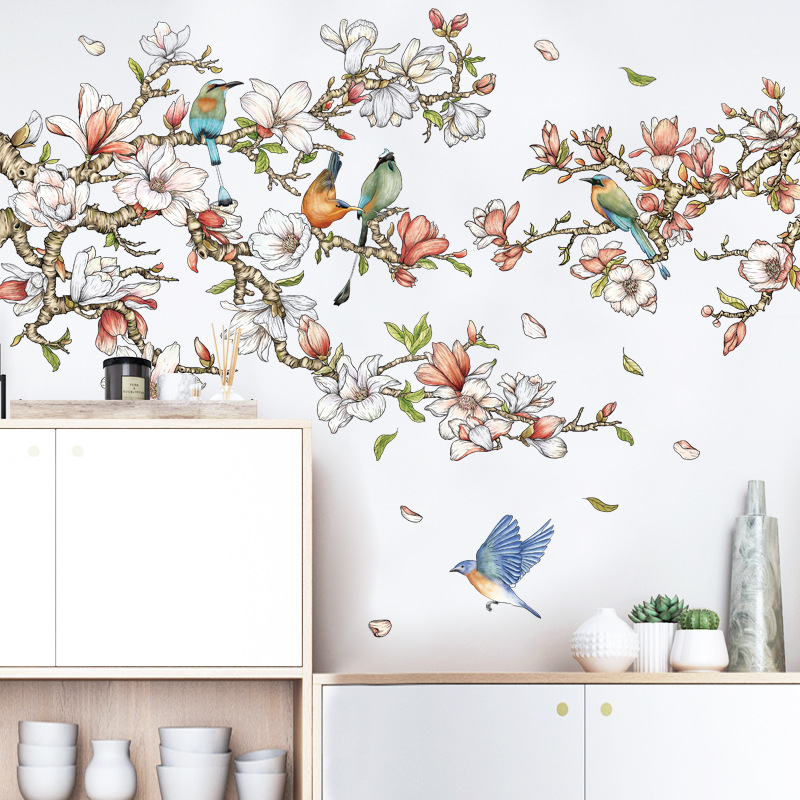 Bedroom Background Decorative Stickers Living Room TV Background Wall Magnolia Stickers Large Flower and Bird Wallpaper Background Wall Stickers